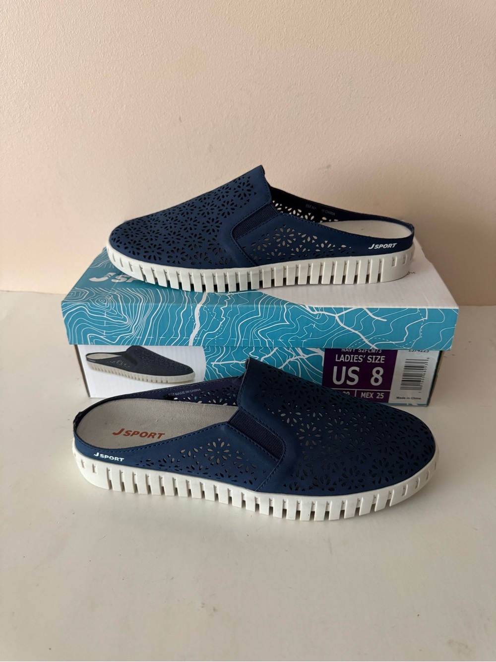 JSport  Navy Slip-On Perforated Mule. New. Size: 8
